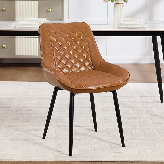 Dining Chair, Modern Dining Chairs with Thick Cushions, Faux Leather Upholstered Kitchen Dining Room Chairs with Metal Adjustable Legs for Dining Living Room, Brown