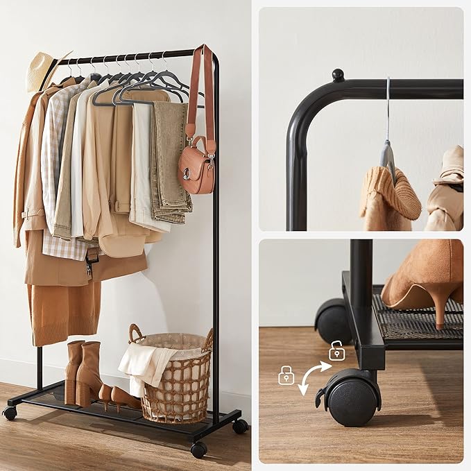 SONGMICS Clothes Rack with Wheels, Clothing Rack for Hanging Clothes, 25.4 mm Metal Garment Rack with Dense Mesh Storage Shelf, 110 lb Load Capacity, 2 Brakes, Black UHSR25BK