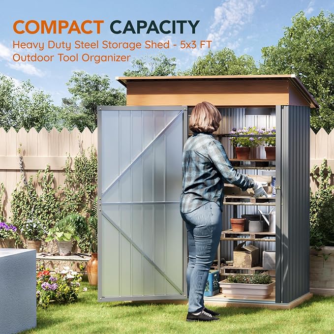 5x3FT Multi-Used Shed & Outdoor Storage Shed with Floor Frame, Lockable Doors, Compact Metal Tool Shed for Garden, Backyard, Patio, Utility, and Various Storage(Matte Gray)