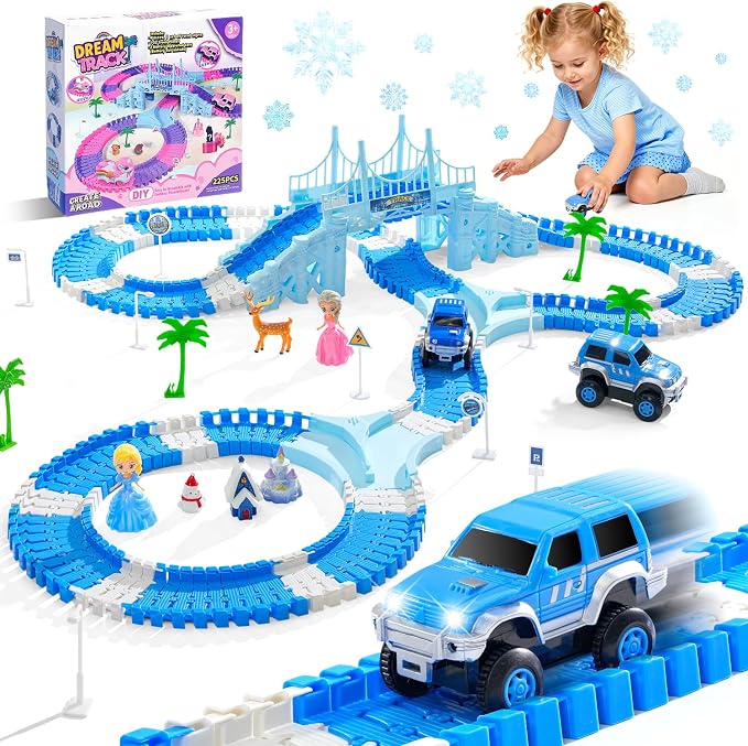 Frozen Race Track Toys for Girls Ages 3-8, 224 PCS Princess Castle Car Toys with Magic Bendable, 2 Monster Truck, Flexible DIY Track Set, Christmas Birthday Gifts for 3 4 5 6 7 8 Year Olds Toddler Kid