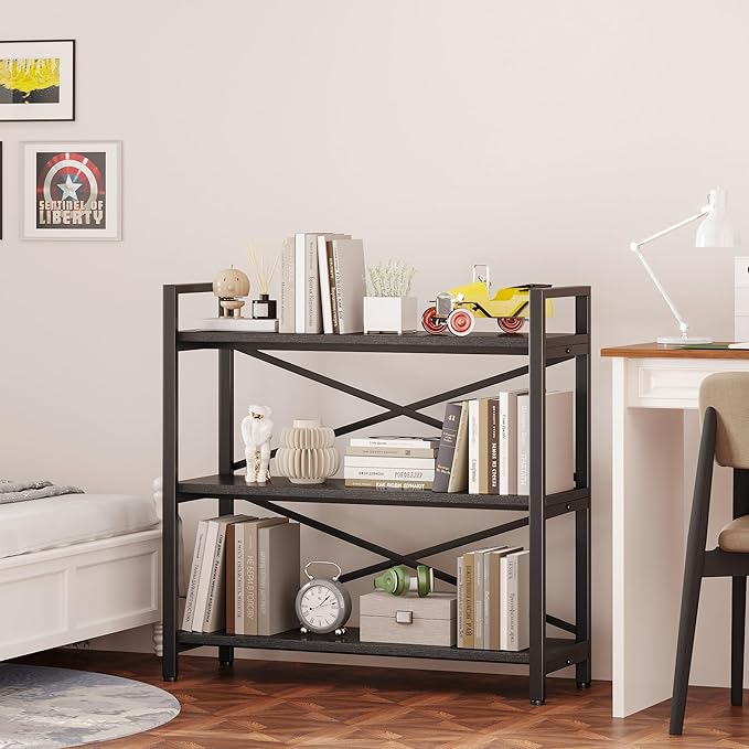 Homeiju 3 Tier Bookshelf 31.49" Width, Wood and Metal Etagere Bookcase, Vintage Farmhouse Modern Wooden Big Book Shelf for Home Living Room Bedroom Office Storage(Grey)