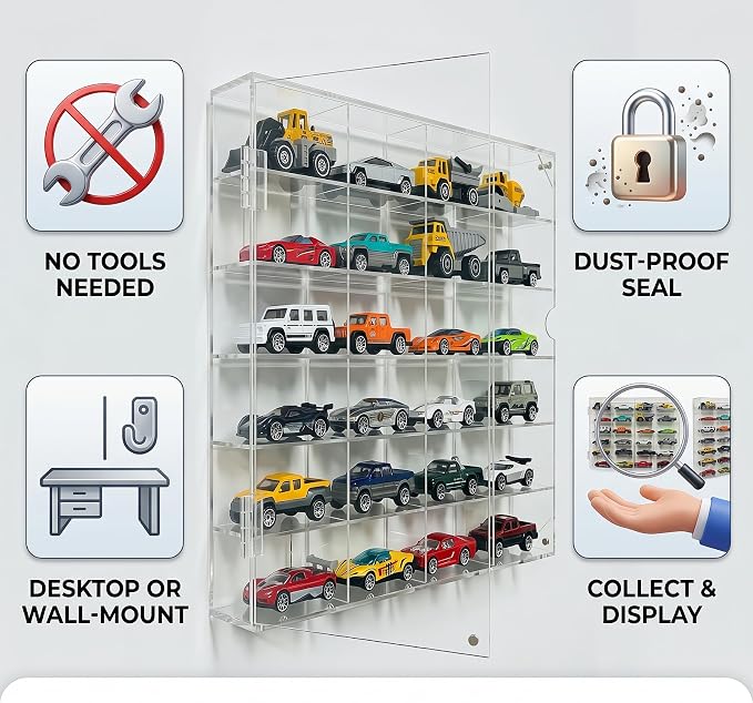 Acrylic Display Case for Hot Wheels, Toy Car Storage for 1/64 Scale Diecast Cars, Matchbox Garage, Collectible Model Cars, No Assembly Required, Magnetic Door Dustproof Showcase