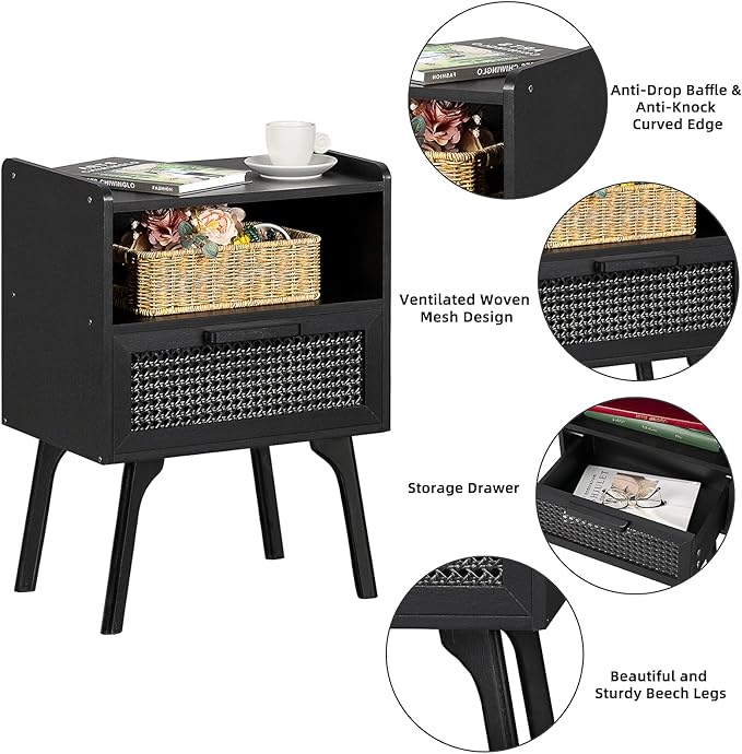 Lerliuo Rattan Nightstands Set of 2, Boho Side Table with Drawer Open Shelf, Cane Accent Bedside End Table with Solid Wood Legs for Bedroom, Dorm and Small Spaces (Black)