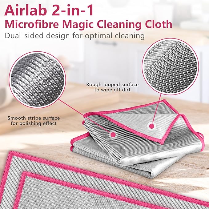 Airlab Glass Polishing Cloth Streak Free Miracle Microfiber Cleaning Cloth Lint Free Cleaning Rags for Glasses Kitchen Dish Mirrors Easy Clean, Pack of 6, 12" x 12", Sliver-Pink