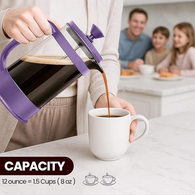 Utopia Kitchen 12 Ounce 0.35 Liter French Press Coffee Maker, Tea Maker, Travel Coffee Presses, Heat Resistant Thickened Borosilicate Coffee Pot for Camping Travel Gifts, Plum Pack of 1