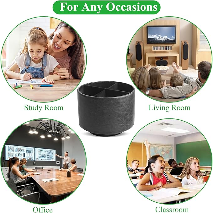 Hennaja Round Leather Art Supply Organizer,Remote Control Holder,360 Degree Spinning,Multi-Functional Pencil Holder,4 Compartments Desktop Stationary Organizer(1-Oil Black)