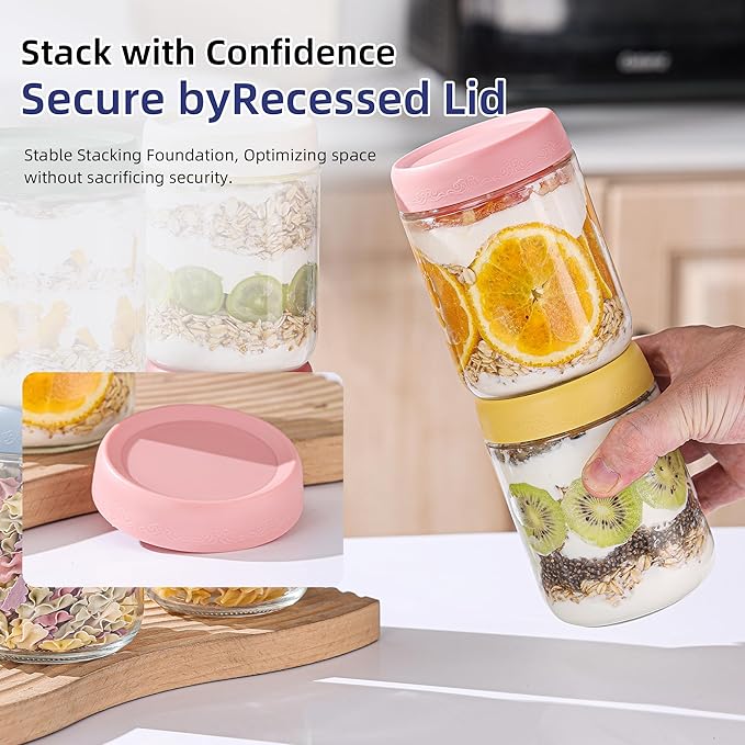 10 OZ 4Pack, Overnight Oats Jars with Lids, Glass Meal Prep Containers, Airtight Mason Jars for Breakfast, Yogurt Parfait, Salad & Smoothies, Leakproof and Reusable Food Storage Jars(4-1)