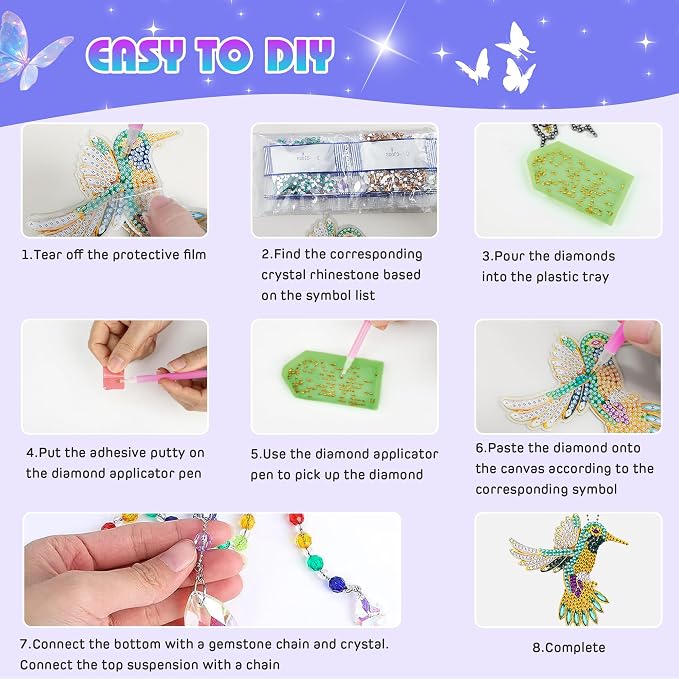 5Pcs Diamond art Kits for Kids/Adults, Crafts for Kids Ages 8-12, DIY Diamond Painting art Wind Chimes Crystal Window Suncatcher Craft, Birthday Gifts for 7 8 9 10 11 Year Old Girls, Home Garden Decor