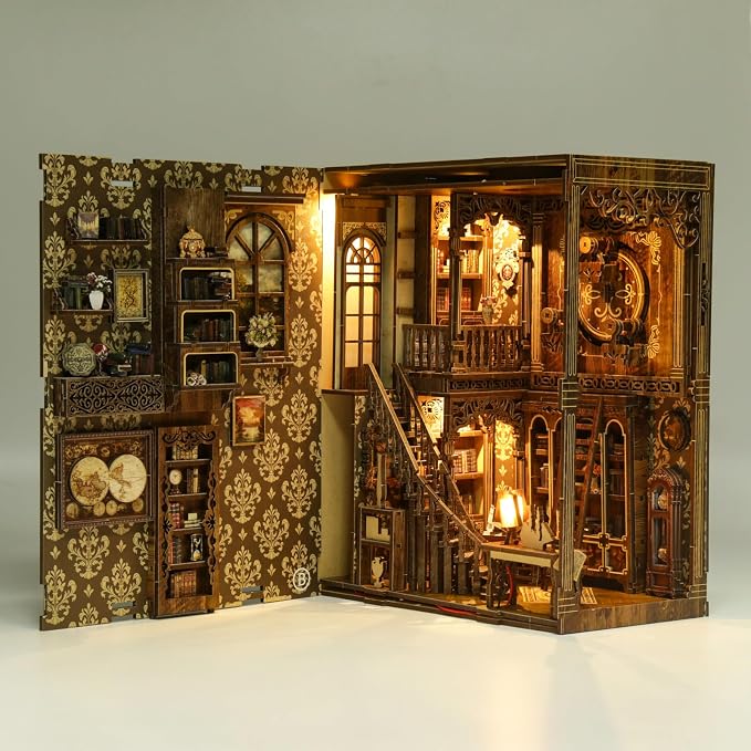 Book Nook Kit for Adult Miniature Model Build Dollhouse Kit 3D Wooden Puzzle with Sensor Led Light for Bookshelf Bookend Decor Adults Teen Craft(Classical Book Collection Room), 1Pack