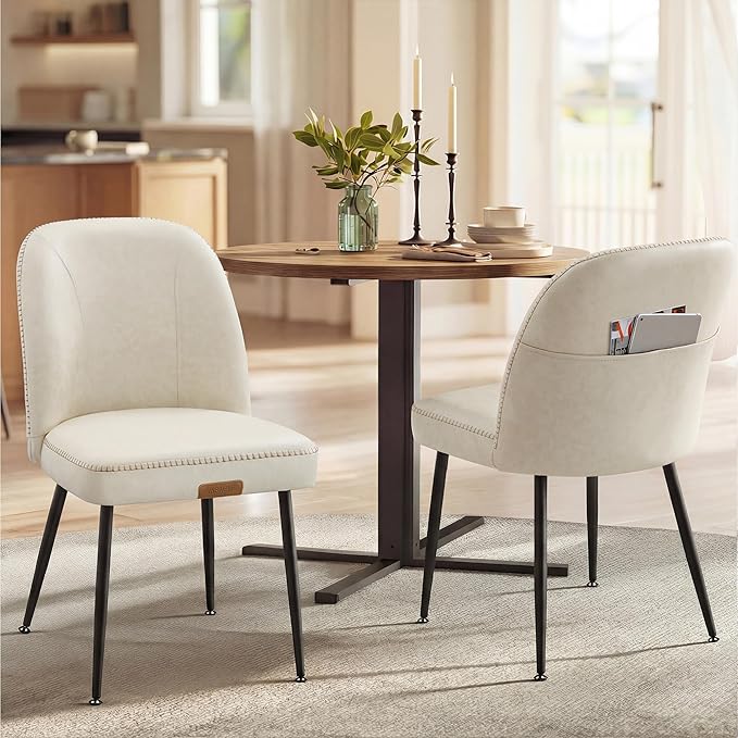 VASAGLE EKHO Collection - Dining Chairs Set of 2, Upholstered Kitchen Chairs, Comfortable Seat, Synthetic Leather with Stitching, Mid-Century Modern, Easy Assembly, with Storage Pocket, Cream White