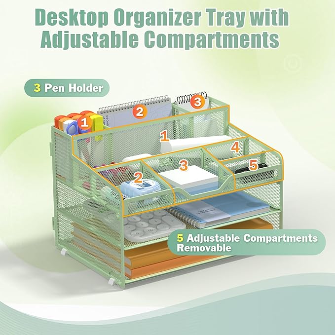 Docnest 3 Tier Mesh Desk Organizer for Paper Office Supplies – Multi-Functional Letter Tray with 5 Adjustable Compartments, 3 Pen Holders, Desktop Storage for Files, Mail, Stationery – Green