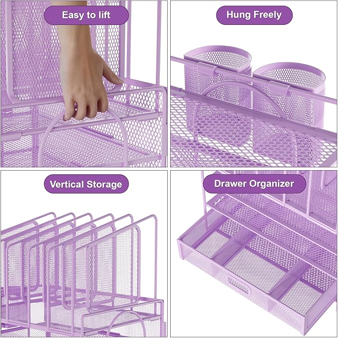 Marbrasse Desk Organizers, 4-Tier Mesh Desk File Organizer with 5 Vertical File Holders and 2 Pen Holders, Multifunction Desktop Organizer,Desk Organizers and Accessories for Home Office (Purple)