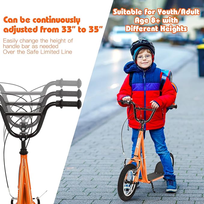 GYMAX Scooter, Kids & Adults Off-Road Scooter with 12" Inflatable Wheels, Adjustable Height Handlebar, V-Type Handbrakes & Axle Pegs for All Terrain, 8+