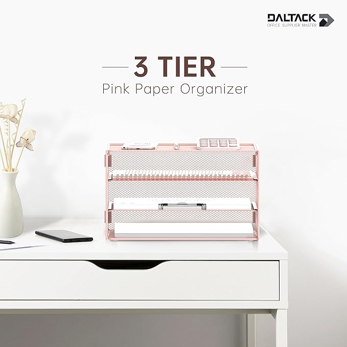 DALTACK 3 Tier Letter Tray Paper Organizer Mesh Metal Desk File Organizer for Home & Office, Pink
