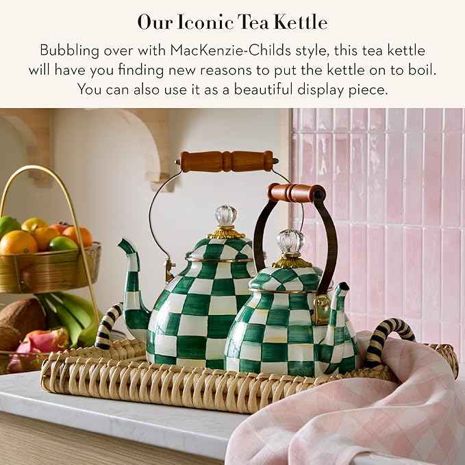 MACKENZIE-CHILDS Enamel Tea Kettle, Stylish Tea Kettle for Stovetop, Green-and-White Emerald Check, 3 Quarts