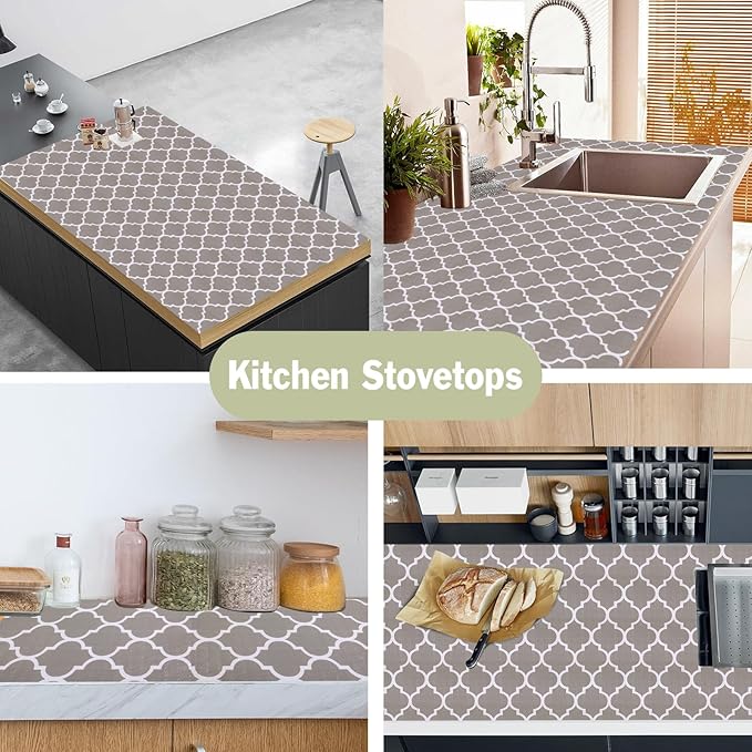 Drawer and Shelf Liner for Kitchen Cabinet: 17 in X 20 Ft Non Slip Waterproof Shelf Paper Non Adhesive Refrigerator Liners Gray Quatrefoil Easy Liners for Bathroom Cupboard with Knife Tape Measure