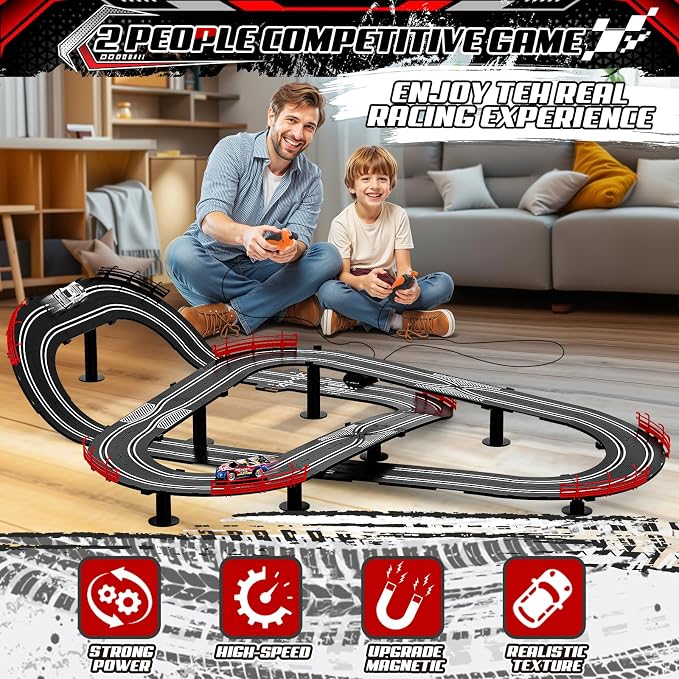 2 in 1 Slot Car Race Track Sets with 4 Slot Cars, 1:43 Electric Car Track for Boys, Dual Racing Game Lap Counter Circular Slope Track Sets, Birthday Gifts Toys for Boys Kids Ages 6 7 8 9 10 11 12