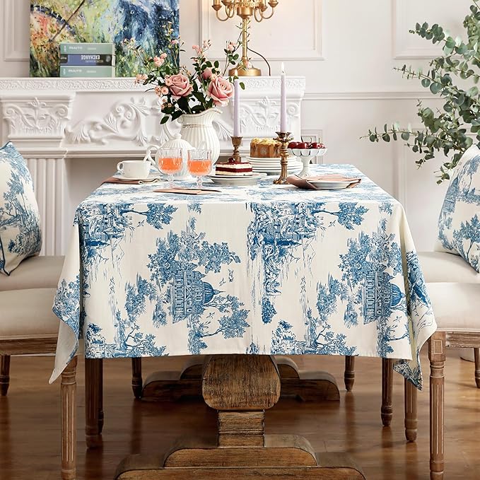 patdrea Designer Vintage Cyan Long Tablecloth for Rectangle Table,Linen Ancient Castle and Manor Pattern Tablecloths,Table Cover Decor for Kitchen Dining Christmas,Thanksgiving,63"x94"-Lucerne a