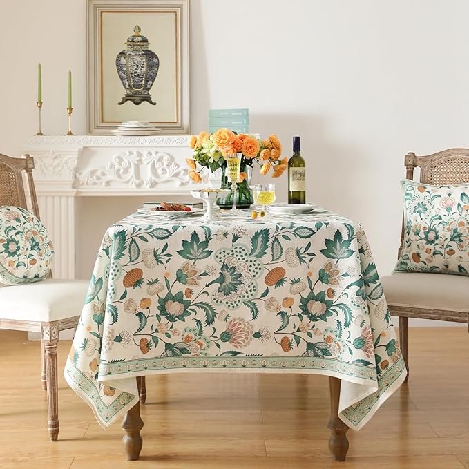 patdrea Designer Green Rectangle Table Cloth,Vintage Italian Floral Country Linen Breathable Tablecloth,Decor Cover for Kitchen Dining,Christmas,Tea Party,Thanksgiving,63"x94"-Tree Life
