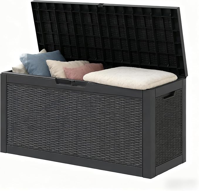 71 Gallon Outdoor Storage Box, Resin Deck Boxes Outdoor Waterproof For Patio Furniture, Garden Tools, Pool Supplies, Lockable And UV Resistant (Rattan Black)