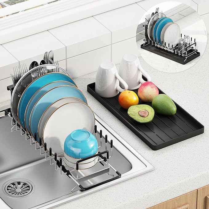 ANTOPY Small Dish Drying Rack - Expandable 304 Stainless Steel Rustproof Dish Rack Over Sink with Silicone Drying Mat & Cutlery Holder, Compact Dish Drainer for Kitchen Counter, Inside Sink, Silver