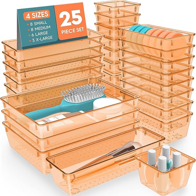 25 PCS Plastic Drawer Organizer Set, 4-Size Versatile Organizer Trays & storage Bins for Makeup, Jewelry, and Gadgets in Bathroom, Bedroom and Office,Orange