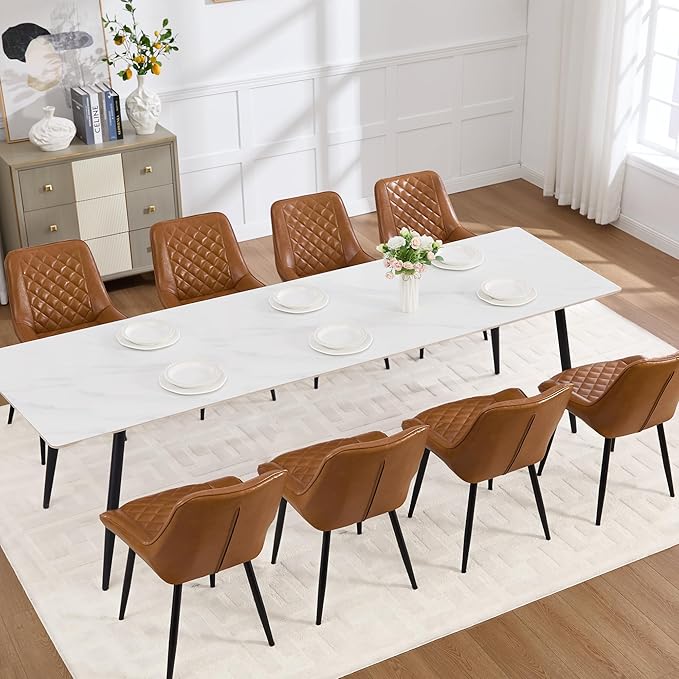 Dining Chair Set of 8, Modern Dining Chairs with Thick Cushions, Faux Leather Upholstered Kitchen Dining Room Chairs with Metal Adjustable Legs for Dining Living Room, Brown