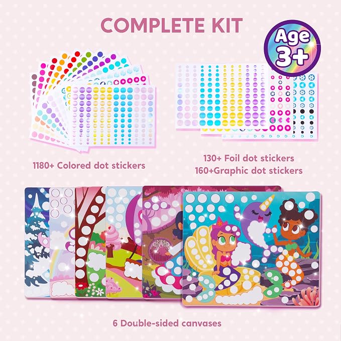 Klever Kits Dot Art Kit for Kids, No Mess Sticker for Toddlers 3-7, Craft Kits, DIY Creative Activity, Travel Toy, Birthday Presents for Boys Girls (Unicorns & Princess)