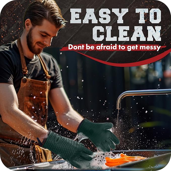 KITCHEN PERFECTION XL Silicone Smoker Oven Gloves-Extreme Heat Resistant BBQ Gloves-Handle Hot Food Right on Your Grill Fryer&Pit|Waterproof Grilling Cooking Baking Mitts|Superior Value Set+3 Bonuses