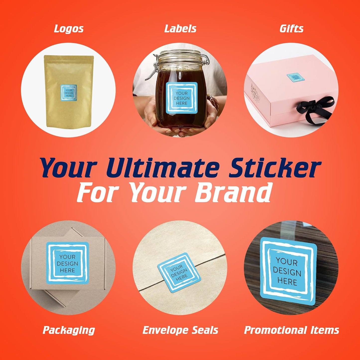 100 Custom Vinyl Stickers - Upload Your own Image, Text, Design, Logo - Personalized Logo Labels for Handmade, Packaging, Bottle, Jars, Candle, Brand Stickers (Blue Swirls, 1.5x1.5 Square)