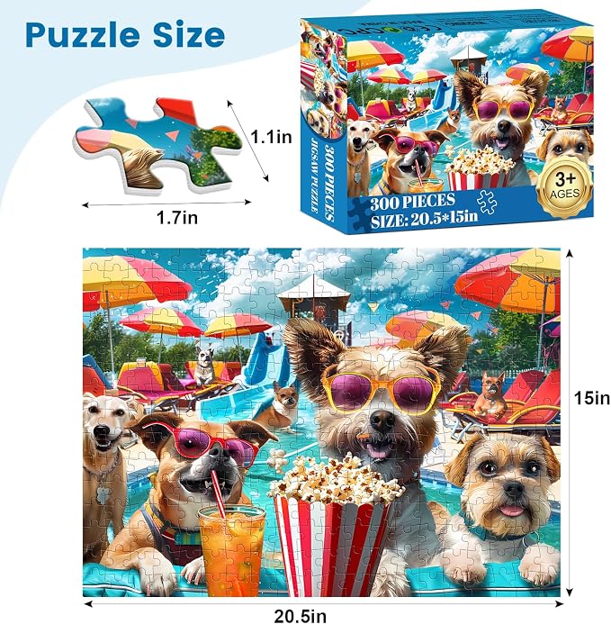 300 Piece Jigsaw Puzzle for Adults, Fun at The Amusement Park Dog Puzzles, Funny Puppy Jigsaw Puzzles, Animal Pet Lover Challenging Puzzles for Friends Family Activity Game Nights Gifts