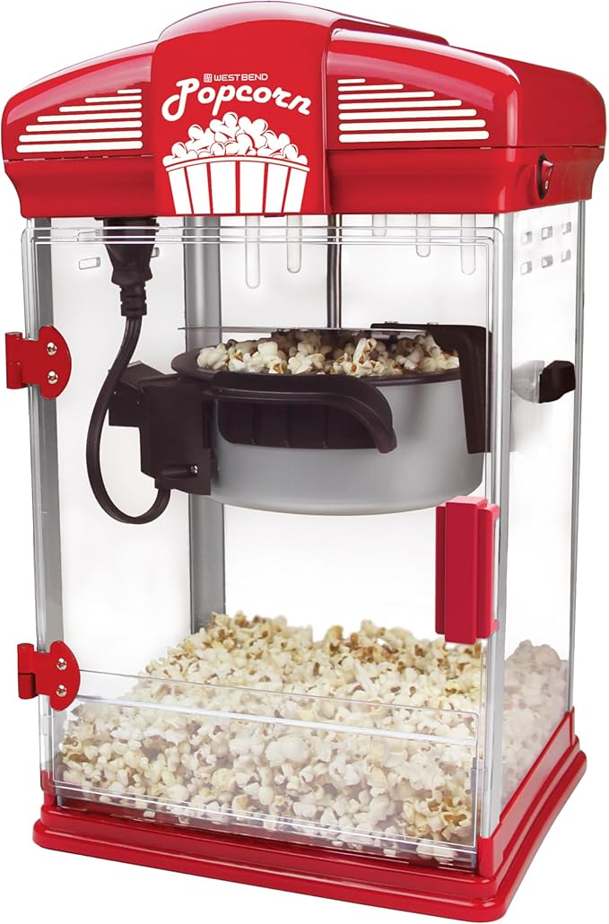 West Bend Stir Crazy Movie Theater Popcorn Popper, Gourmet Popcorn Maker Machine with Nonstick Popcorn Kettle, Measuring Tool and Popcorn Scoop for Popcorn Machine, 4-Qt., Red