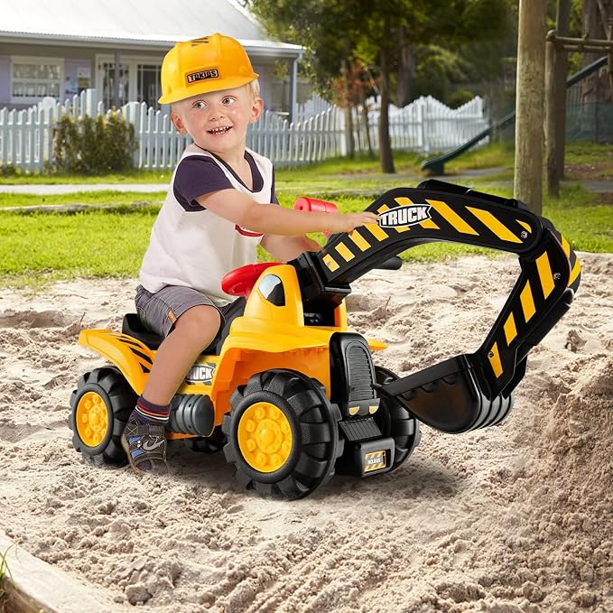 Costzon Kids Ride on Construction Excavator, Kids Digger Scooper Tractor Toy W/Safety Helmet, Rocks, Horn, Underneath Storage, Moving Forward/Backward, Push Car Gift for Boys Girls (Push Excavator)