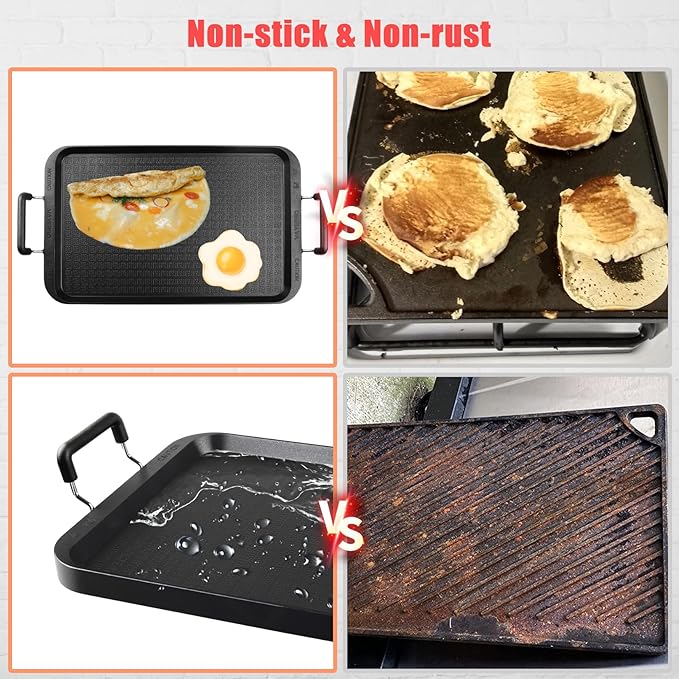 Vayepro Stove Top Griddle, 22 Inch 2 Burner Large Grill Pan for Stove Top, Non-Stick Aluminum with Handles, Indoor Outdoor Cooking/Camping
