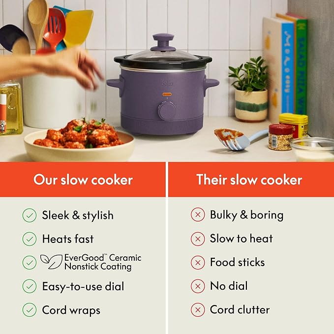bella 1.5 Qt Slow Cooker with 3 Heat Manual Control, Ceramic Nonstick Coating, Dishwasher Safe Stoneware Pot and Tempered Glass Lid, Tangle Free Cord Wrap & Cool Touch Handles, Plum