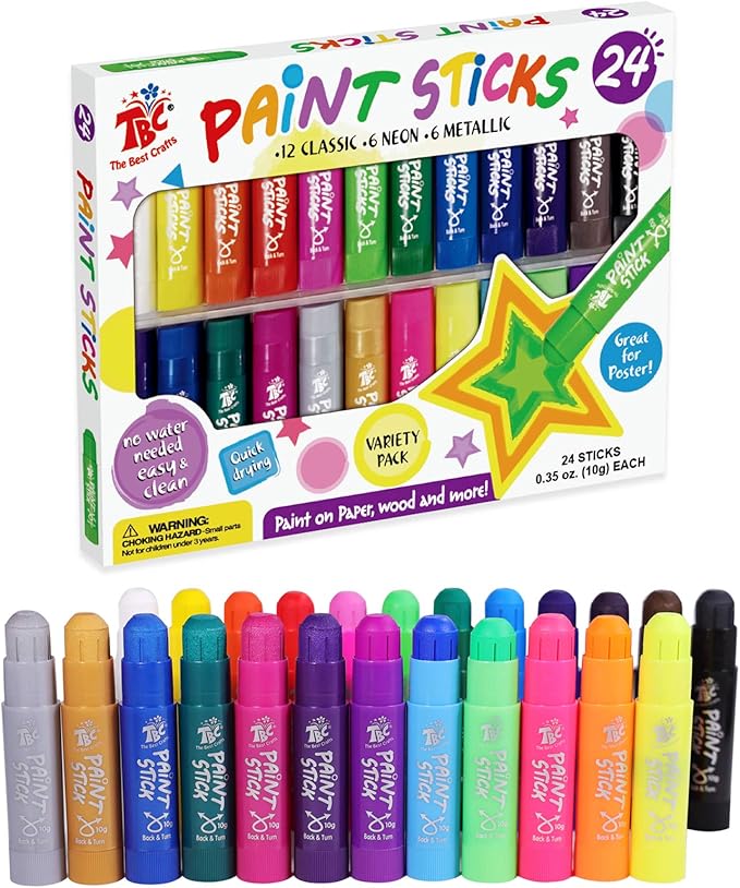 TBC The Best Crafts Paint Sticks,24 Classic Colors, Washable, Non-toxic, Tempera Paint Sticks for Kids and Students
