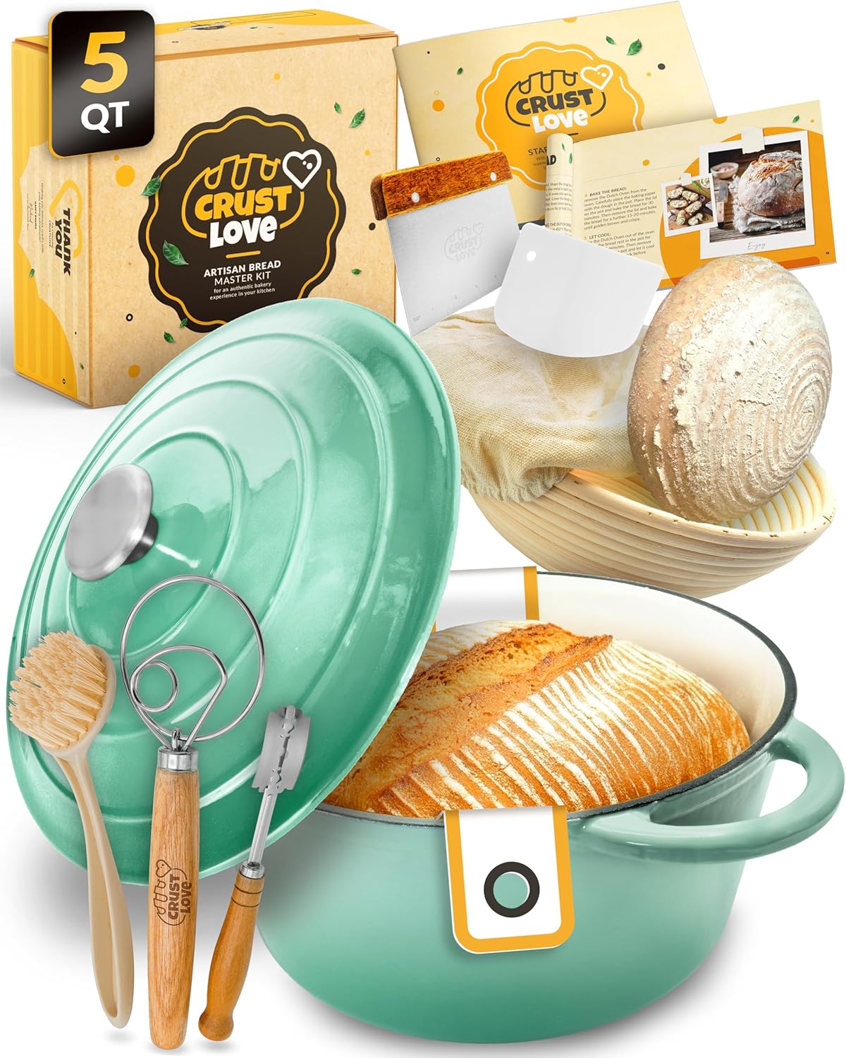 Dutch Oven for Bread Baking - incl. Sourdough Bread-Baking Supplies like Banneton Bread-Proofing Basket - 5QT Enameled Cast Iron Bread-Oven with Lid, Baking Pan, Scoring Tool Lame