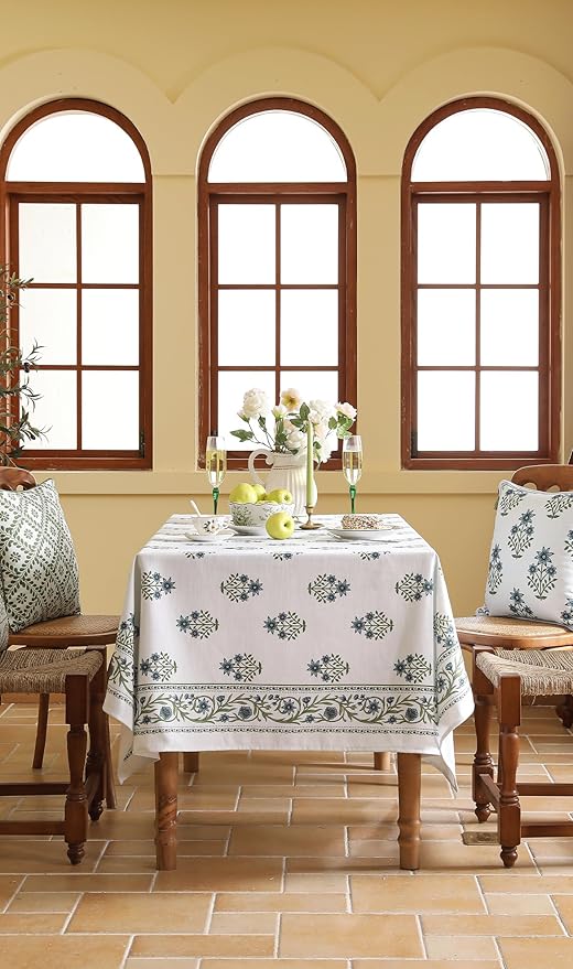 ISAENNE Designer White Linen Square Tablecloth,Chinoiserie Floral Elegant Indoor Table Cloth,Fall Stain Proof Decor Tablecloths for Dining Thanksgiving Kitchen Party,67"*67"-Mosella F