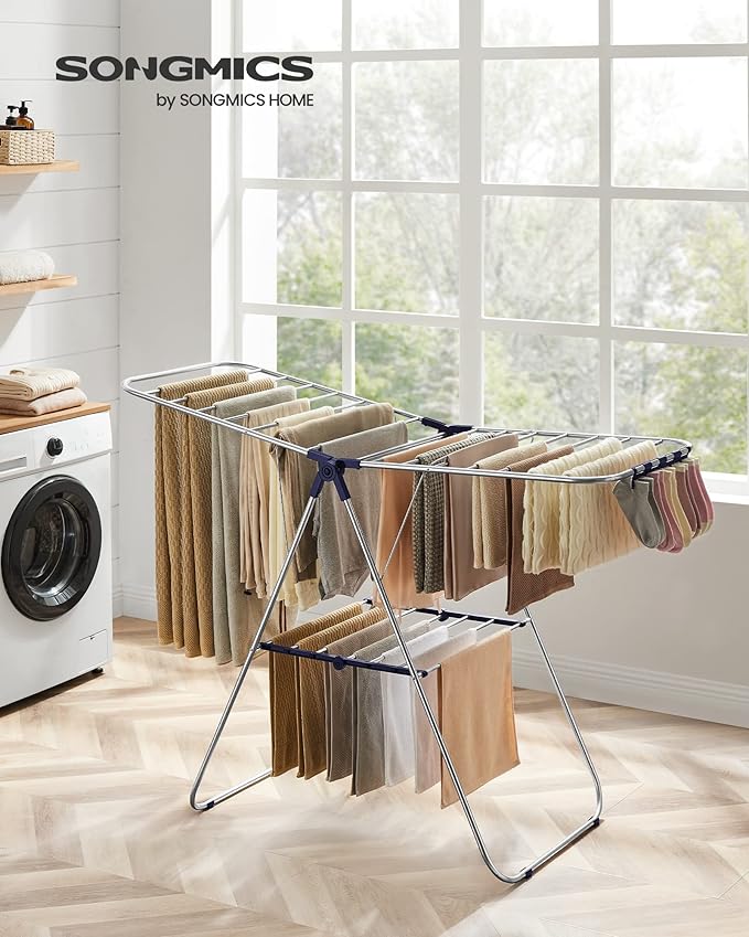 SONGMICS Clothes Drying Rack, with Sock Clips, Metal Laundry Rack, Foldable, Space-Saving, Free-Standing Airer, with 2 Height-Adjustable Gullwings, Indoor Outdoor Use, Silver and Blue ULLR52BU