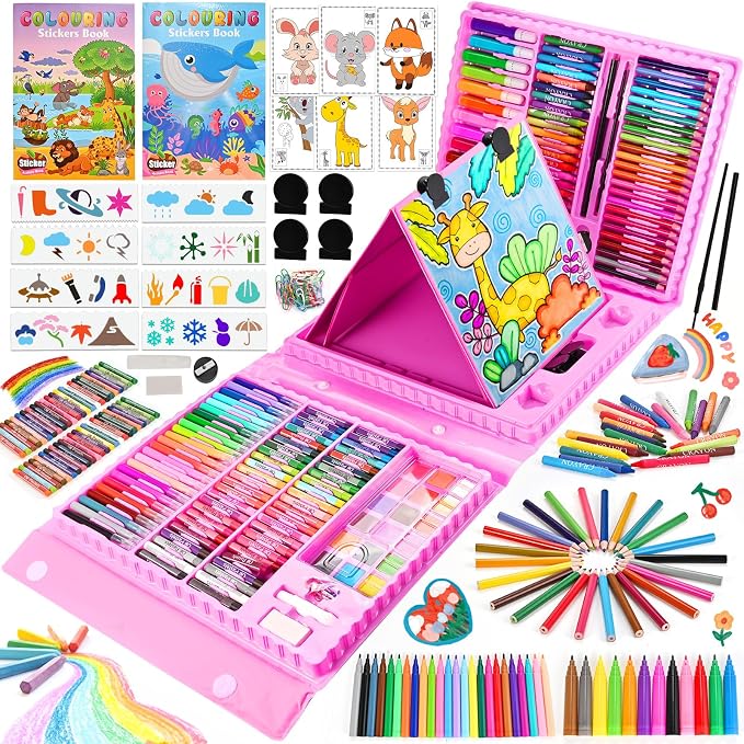 Art Supplies, 230 PCS+ Drawing Art Kit, Kids Art Set with Double Sided Trifold Easel, Colored Pencils, Crayons, Oil Pastels, Watercolor Pens, Coloring Book, Gifts for Girls Boys 4-12, Teens, Beginners