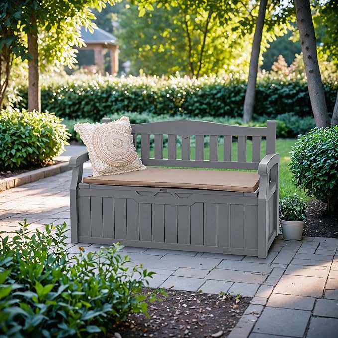 Devoko 80 Gallon Storage Bench Deck Box Lockable for Patio Furniture, Garden Decor and Outdoor Seating for Cushions, Garden Tools and Pool Supplies (Grey)