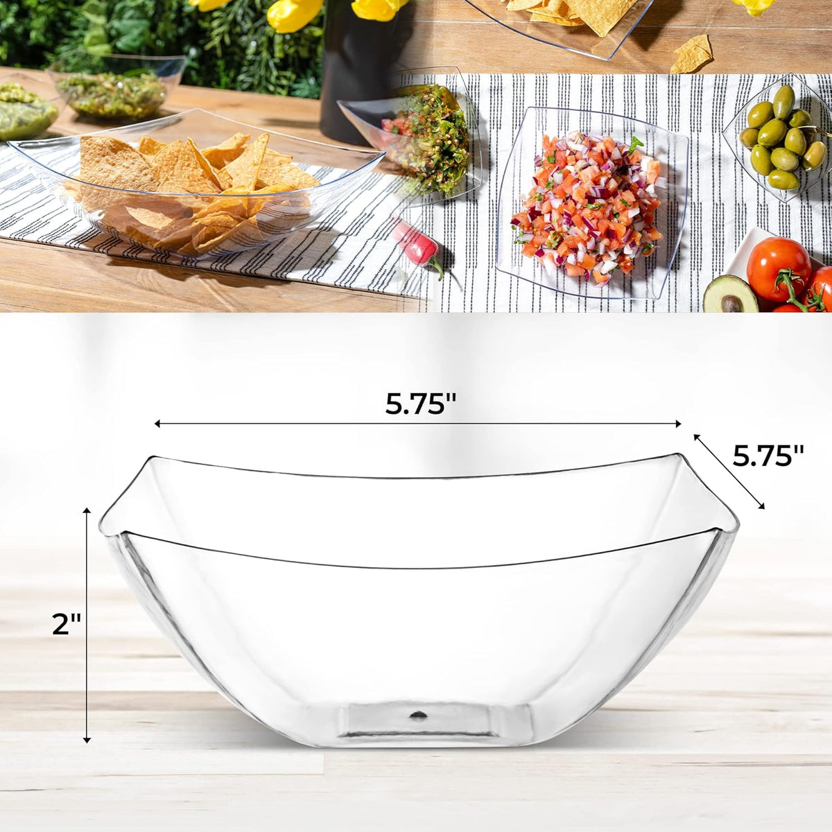 Posh Setting Clear Plastic Serving Bowls Disposable - Square Bowls - Square Candy Bowl - Plastic Snacks & Chip Bowls for Parties - Black, Gold & Clear, White Serving Dishes, 16 OZ, 4 Pack