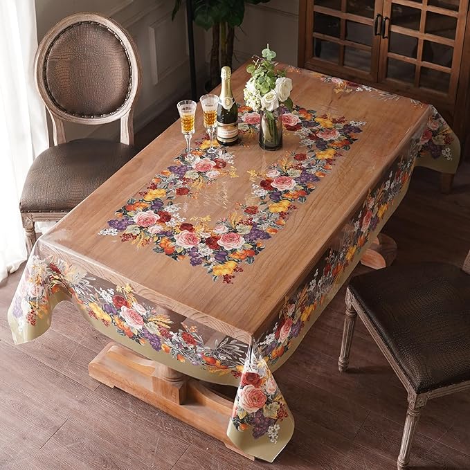 Clear Table Cover Protector Vinyl PVC Rectangle Table Cloth with Floral Fruit Pattern Oil Spill Proof Plastic Tablecloths for Dining Tables Parties Holidays (Floral Fruit, 52 x 70 Inches)