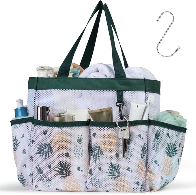 F-color Shower Caddy Portable - Mesh Shower Bag Basket Tote for College Dorm Room Essentials Bathroom Gym Camp Quick Dry for Women Men with S Hook, Green Pineapple