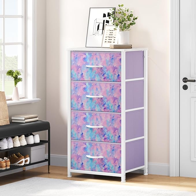 DWVO Dresser with 4 Drawers - Storage Tower Unit, Dresser for Bedroom, Living Room, Closets - Sturdy Steel Frame, Wooden Top & Easy Pull Fabric Bins, Purple
