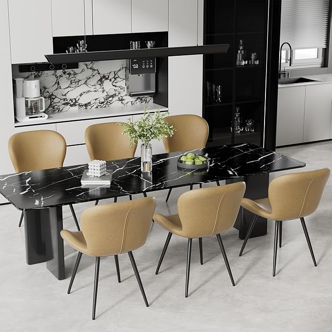 Nalupatio Dining Chairs Set of 2, Modern Dining Room Chairs Comfy Backrest Thick Upholstered Kitchen Chairs 19IN Height with Metal Legs Beige（Pu Leather）