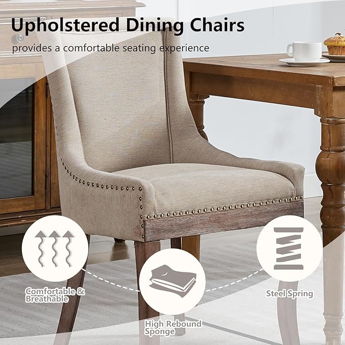 Modern Dining Chairs Set of 2, High Back Dining Chairs Side Chairs with Solid Wood Legs, Upholstered Fabric Dining Room Chairs for Dining Room Kitchen, Beige