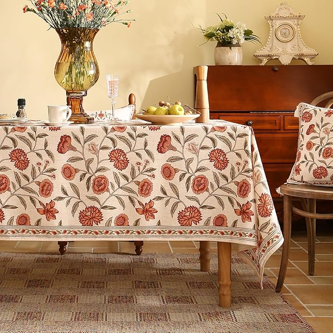 ISAENNE Designer French Long Rectangular Tablecloth,Linen Orange Floral Pattern Indoor Table Cloth,Wrinkle Resistant Decor Table Cloth for Dining Thanksgiving Kitchen Party,63"*94"-Alvarado D