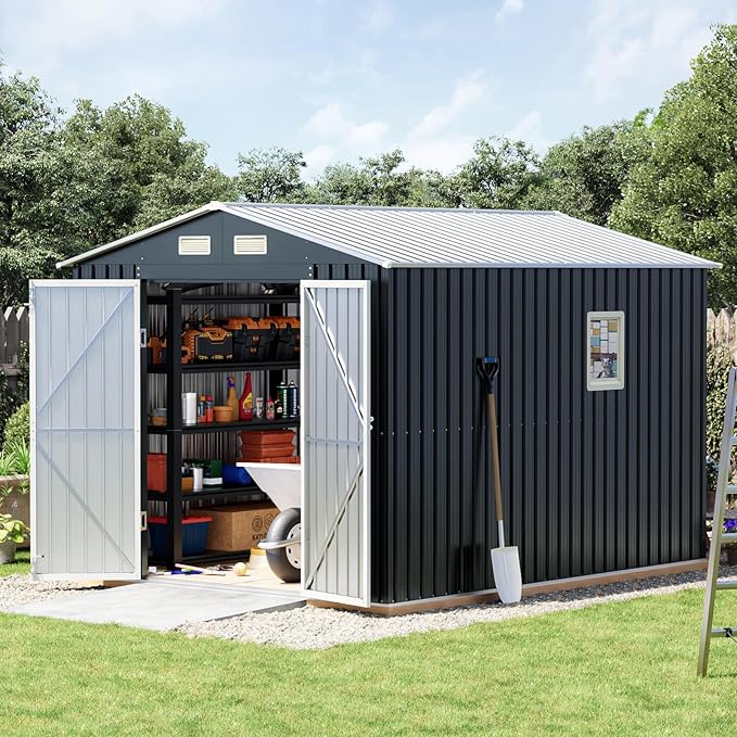 Breezz 10X8FT Outdoor Steel Storage Shed with Clear Window, Lockable Doors, Frame Floor,Weather-Resistant Metal Tool Shed for Garden, Backyard, Patio, and Utility Storage