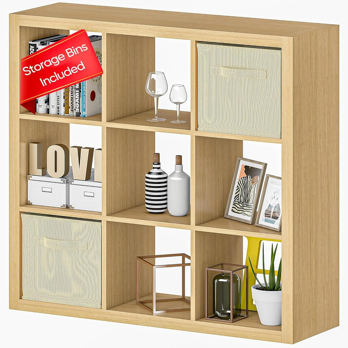 Bookshelf with Storage Bins, 9-Cube Storage Organizer Sturdy Wooden Bookcase Open Book Shelf, Multifunctional Cubicle Rack for Storage & Display, Furniture for Living Room Bedroom Office, Oak